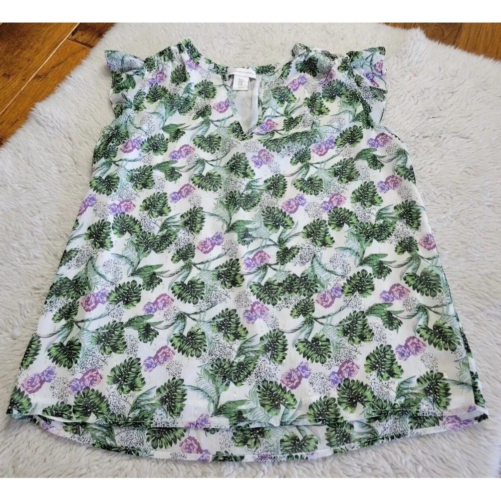 Cupcakes&Cashmere Blouse Flutter Sleeve Floral Leaf Silver‎ Metallic Lined XL/14